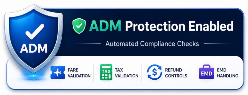 ADM Protection Enabled — automated compliance checks for fare validation, tax validation, refund controls, and EMD handling